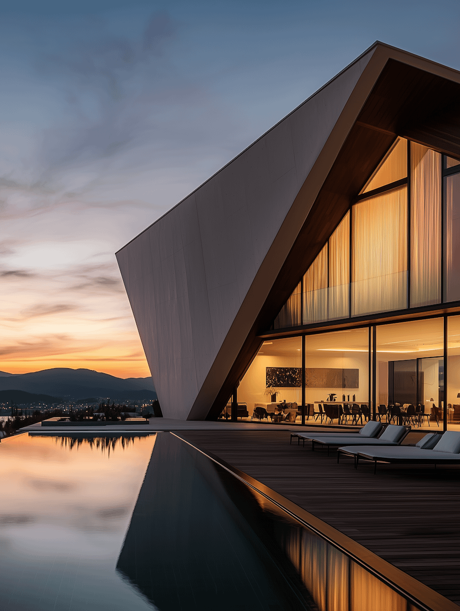Modern angular property with glowing interiors, infinity pool, and sunset views over hills and cityscape.