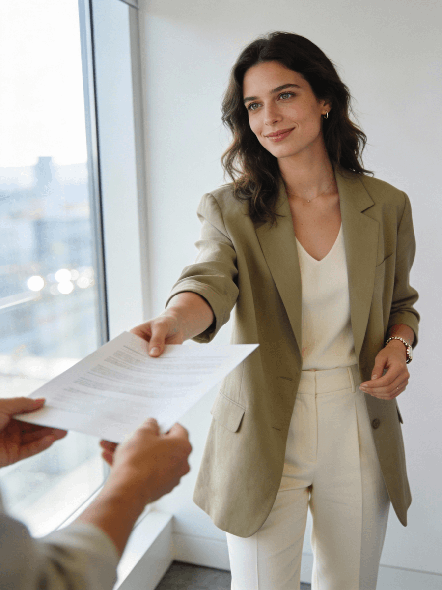A professional woman in a beige blazer hands a document to someone in an office with a city view.