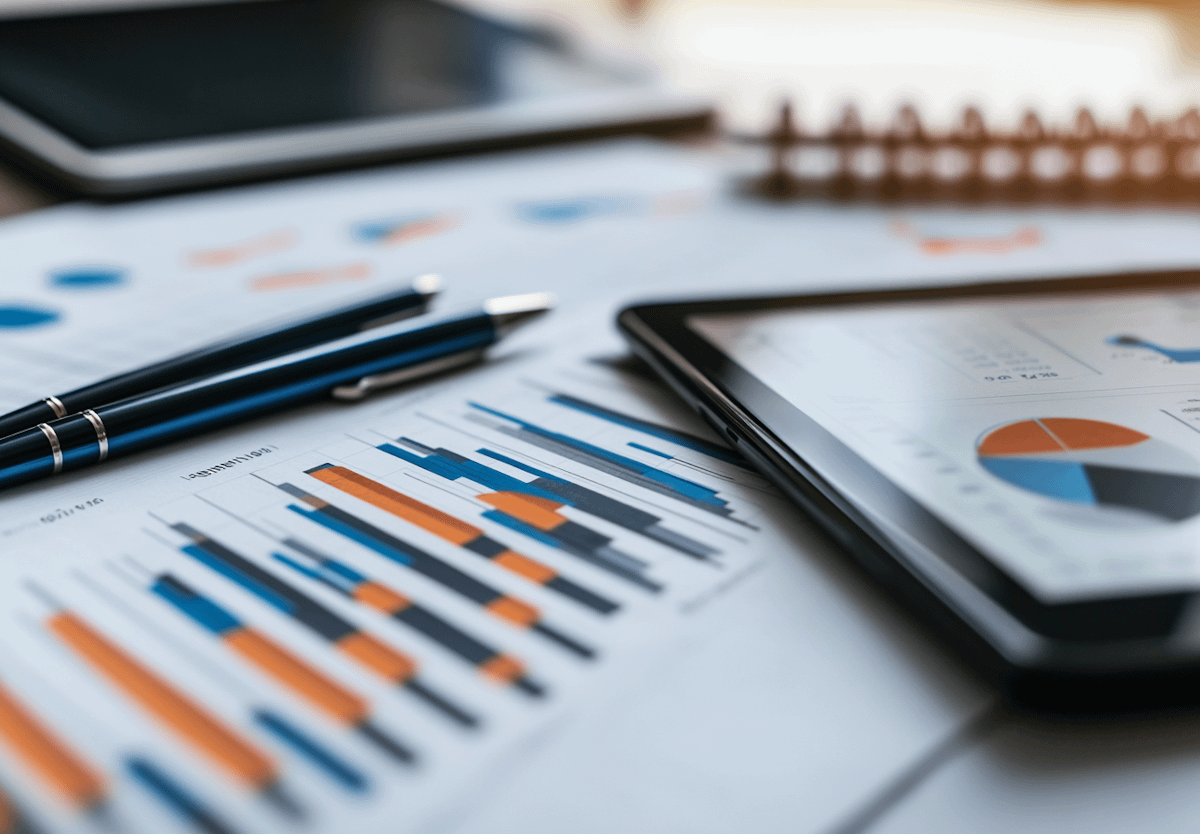 Close-up of charts and graphs on paper with pens and a tablet, highlighting data analysis in blue and orange tones.