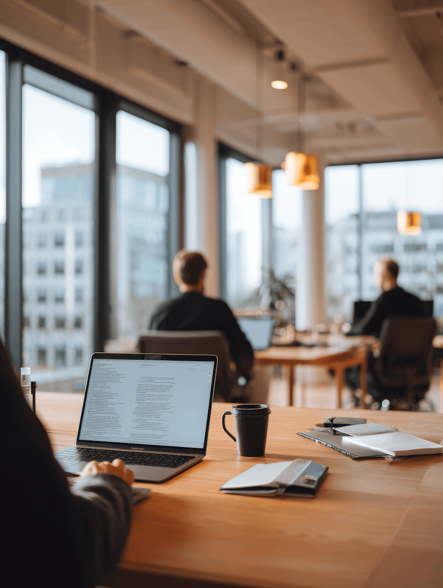 Modern office with a laptop, coffee mug, and notebook on a desk, with people working in a bright, open space with large windows.