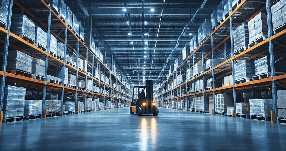 Spacious warehouse with towering shelves and a central forklift, showcasing modern logistics and efficient storage solutions.