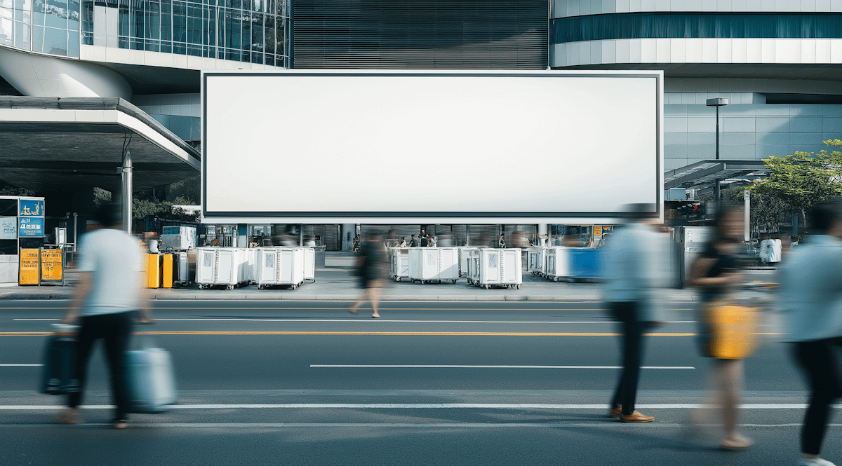 A blank billboard in a busy urban setting with blurred pedestrians and modern architecture in the background.