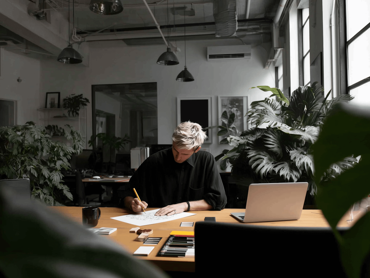 A creative workspace with a person sketching at a desk surrounded by plants, natural light, and modern industrial decor.