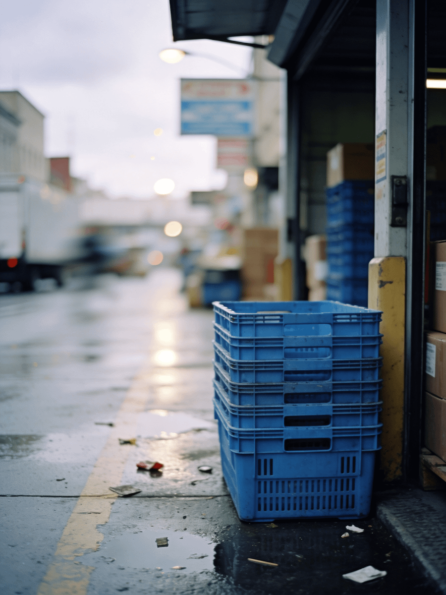 Stacked blue crates near a building entrance on a wet urban street, with blurred background of vehicles and buildings.