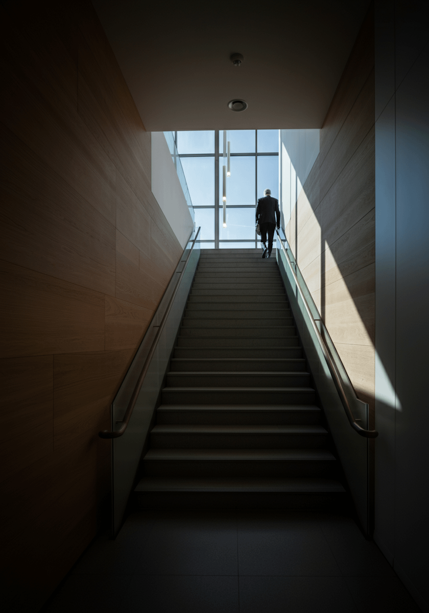 A person in formal attire ascends a modern staircase, illuminated by sunlight streaming through a large window, creating a dramatic scene.
